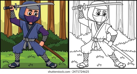 Ninja with Katana and Sheath Coloring Illustration