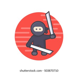 ninja with katana swords in hands, ancient japan warrior, flat style with outline