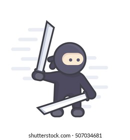 ninja with katana swords in hands, flat style with outline over white