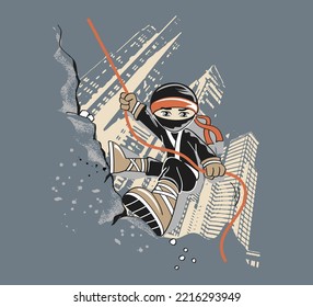 Ninja Kid showing his fast climbing skills. Vector for boys.