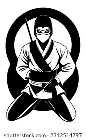 Ninja en kimono. Ilustración vectorial en blanco y negro. Arte marcial japonés.