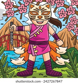 Ninja with Kitsune Mask and Tail Colored Cartoon 
