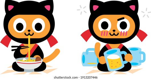 ninja kitty eat ramen and drink beer character mascot emoji