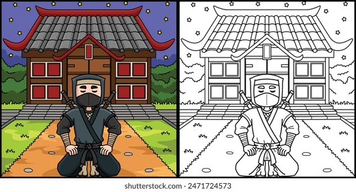 Ninja Kneeling In Front Ninja House Illustration