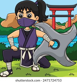 Ninja Kunoichi with a Big Shuriken Colored Cartoon