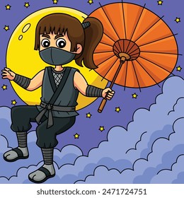 Ninja Kunoichi Holding an Umbrella Colored Cartoon