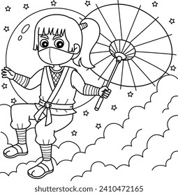 Ninja Kunoichi Holding an Umbrella Coloring Page