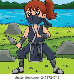 Ninja Kunoichi with a Kunai Colored Cartoon 