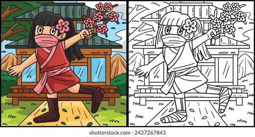 Ninja Kunoichi with Sakura Branch Illustration