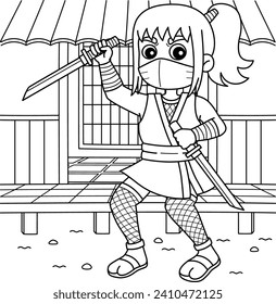 Ninja kunoichi with Two Short Katanas Coloring 