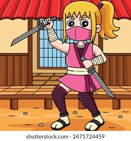 Ninja kunoichi Two Short Katanas Colored Cartoon