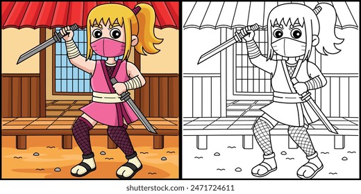 Ninja kunoichi with Two Short Katanas Illustration