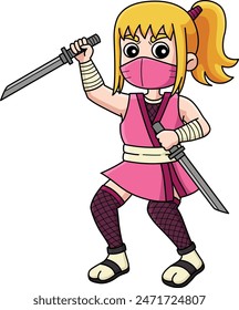 Ninja kunoichi Two Short Katanas Cartoon Clipart 