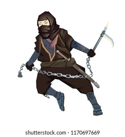 Ninja with Kusarigama in action fighting. Vector illustration. Flat style, isolated on white background.