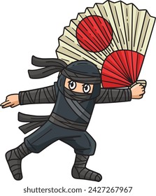 Ninja with a Large Fan Cartoon Colored Clipart 