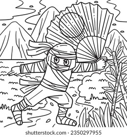 Ninja with a Large Fan Coloring Page for Kids