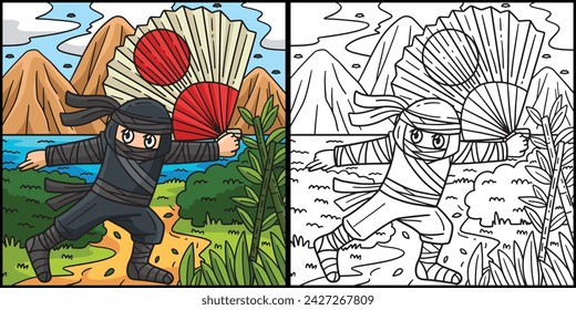 Ninja with a Large Fan Coloring Page Illustration
