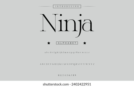 Ninja Lettering Minimalist Fashion. Elegant alphabet letters serif font and number. Typography fonts regular uppercase, lowercase.