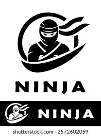 Ninja logo design featuring a masked warrior with flowing scarf and dynamic shapes