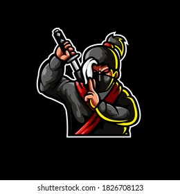 Ninja Logo esport holding sword. Black costume with black background. Amazing logo gaming Ninja mascot logo illustration.