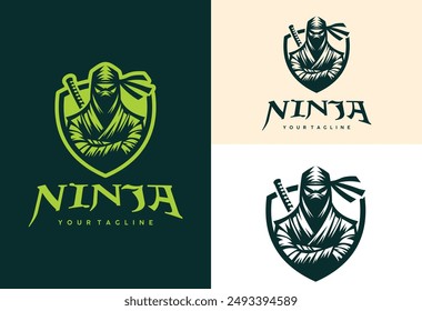 ninja logo with shield background design vector illustration	