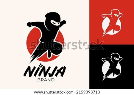 Ninja logo template with illustration of jumping ninja cartoon mascot