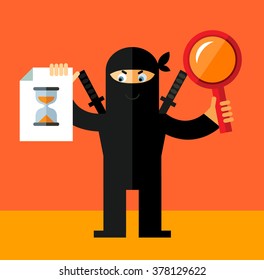 Ninja with magnifier glass and preloader icon. Searching. Flat style vector illustration. Ninja in black mask's clothes