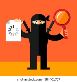 Ninja with magnifier glass and preloader icon. Searching. Flat style vector illustration. Ninja in black mask's clothes