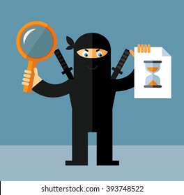 Ninja with magnifier glass and preloader icon. Searching. Flat style vector illustration. Ninja in black mask's clothes