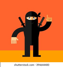 Ninja making attention gesture with forefinger. Flat style vector illustration. Ninja in black mask's clothes