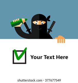 Ninja making green check mark in check box. Voting. Right Choice. Flat style vector illustration. Ninja in black mask's clothes