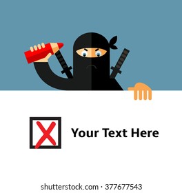 Ninja making red X check mark in check box. Voting. Bad Choice. Rejection. Flat style vector illustration. Ninja in black mask's clothes