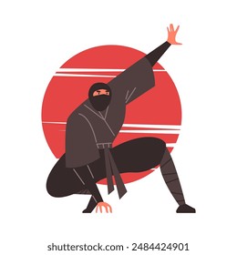 Ninja man warrior sat down pose vector flat illustration. Japanese fighter in action on red sunset isolated on white. Cartoon ninjutsu martial art training practice