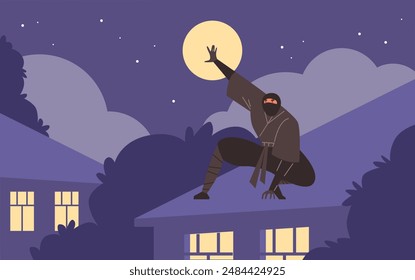 Ninja man warrior sat down pose on the roof of a house at night moonlight vector flat illustration. Japanese fighter in action. Cartoon ninjutsu martial art training practice outside