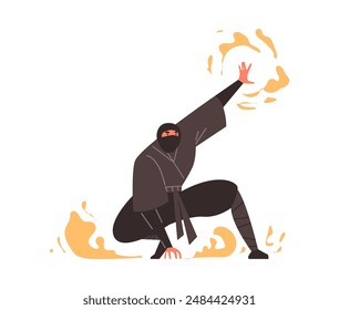 Ninja man warrior sat down pose with flame of fire vector flat illustration. Japanese fighter in action isolated on white. Cartoon ninjutsu martial art training practice