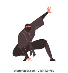 Ninja man warrior sat down pose vector flat illustration. Japanese fighter in action isolated on white. Cartoon ninjutsu martial art training practice