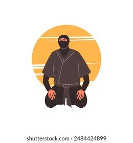 Ninja man warrior sitting on his knees on orange sunset vector flat illustration. Japanese fighter in action isolated on white. Cartoon ninjutsu martial art training practice