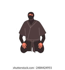 Ninja man warrior sitting on his knees vector flat illustration. Japanese fighter in action isolated on white. Cartoon ninjutsu martial art training practice