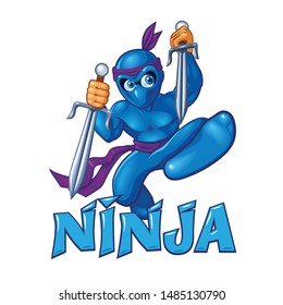 Ninja mascot character shadow warrior colorful illustration cartoon knife jump blue kid