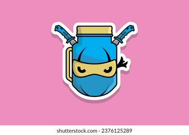 Ninja Mascot with Jar Mug and Metal Swords Sticker vector illustration. Food and drink object icon concept. Summer fresh juice sticker icon logo. Creative ninja  juice sticker logo icon.