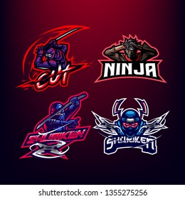 Ninja Mascot Logo Bundle for Sport and Esport isolated on dark Red background