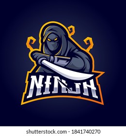 Ninja mascot logo design vector with modern illustration concept style for badge, emblem and t-shirt printing. Black ninja with sword mascot esport logo design 