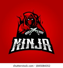 Ninja mascot logo design vector with modern illustration concept style for badge, emblem and t-shirt printing. Red ninja with knife for eSport