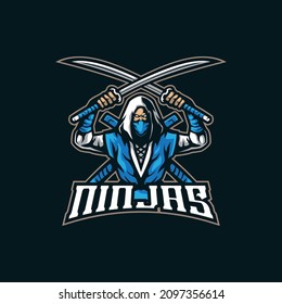 Ninja Mascot Logo Design Vektor mit modernem Illustrationskonzept für Abzeichen, Emblem und T-Shirt-Druck. Ninja-Illustration mit Schwert in der Hand.