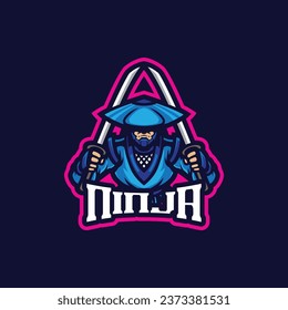 Ninja Mascot Logo Design Vektor mit modernem Illustrationskonzept für Abzeichen, Emblem und T-Shirt-Druck. Ninja-Illustration mit Schwert in der Hand.