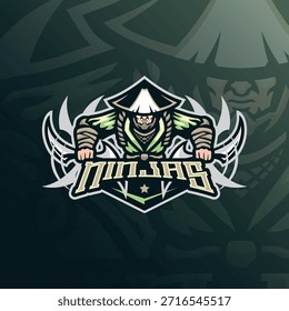 Ninja Maskottchen Logo Design Vektor. Ninja-Illustration für Sport- und Sportteam.