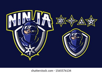 Ninja mascot logo design with weapon isolated on dark blue background