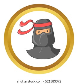Ninja mascot vector icon in golden circle, cartoon style isolated on white background