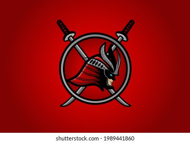 Ninja mask with circle and samurai sword for team e sports logo. Ilustration modern design logo. 
