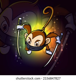 The ninja monkey catching with the twin katana esport mascot design logo of illustration